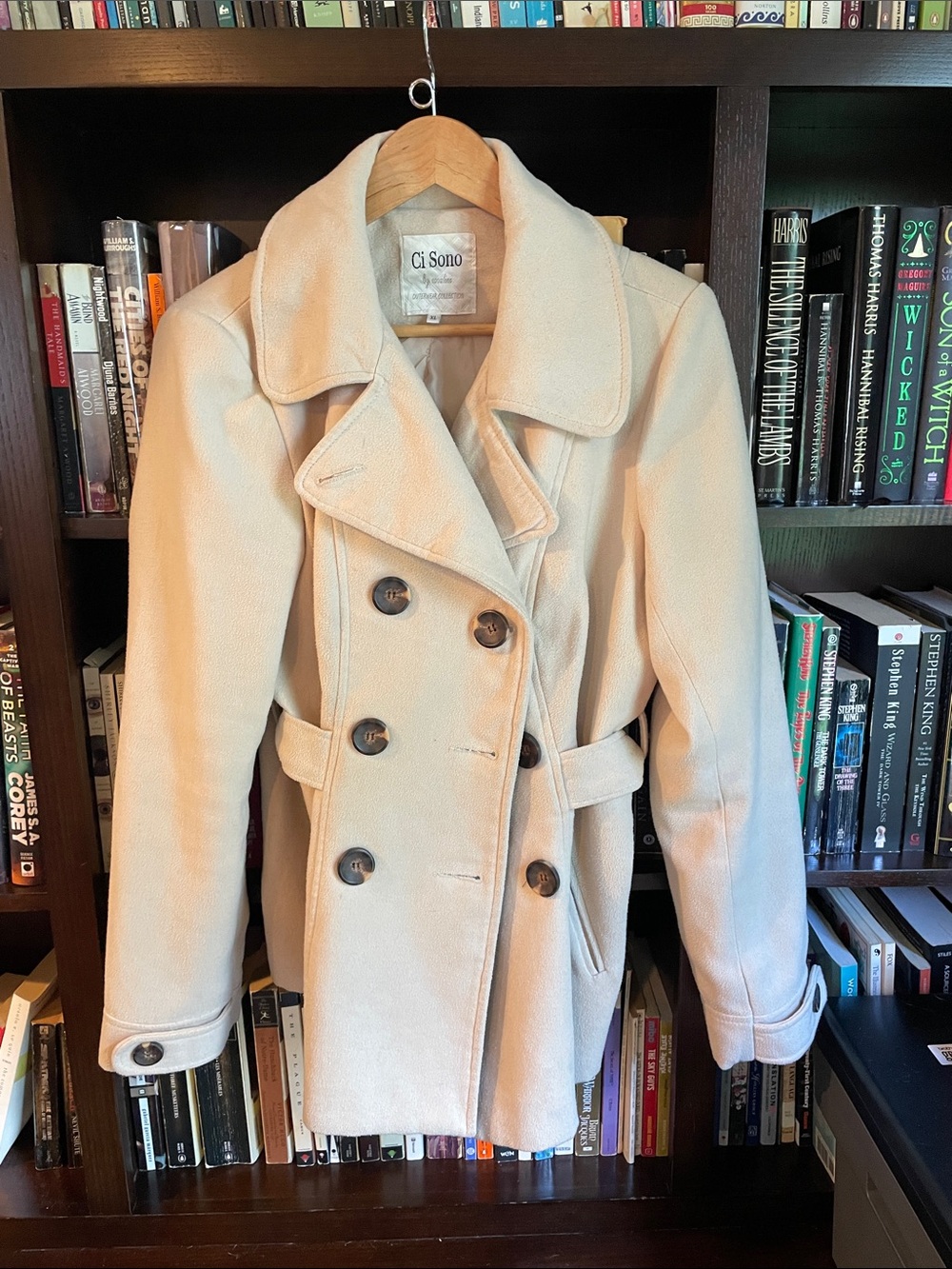 Ci Sono Cream Double-Breasted Pea Coat with Belt